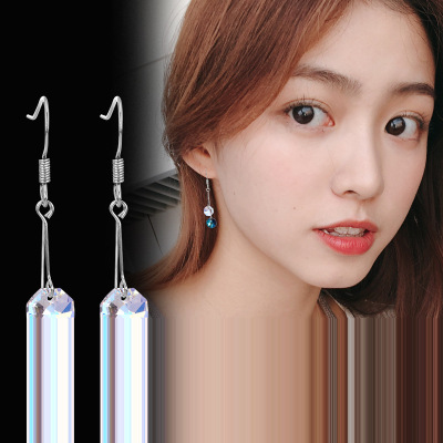 Manheini S925 Sterling Silver Hook Anti-Allergy Austrian Imported Artificial Crystal Long Earrings Simple Temperament Eardrops