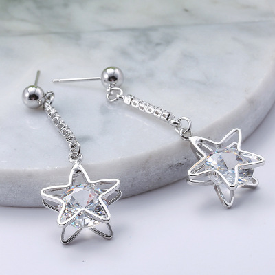 Silver Anti-Allergy Pentagram Earrings Long Elegant Stud Earrings Japan and South Korea All-Match Fashion Earrings