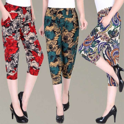 Soft and Breathable pants for middle-aged and elderly mothers in summer: Ice cream elastic waist seven-minute pants Leggings High-Waisted Multi-color Knickerbockers