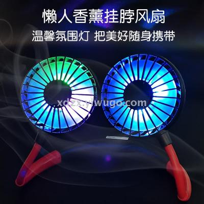 Three generations of colorful lights South Korea Hanging neck A lazy fan Hanging neck a portable mini Fan Portable Charging