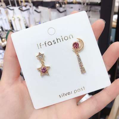 S925 Silver Needle Asymmetric Star Moon Earrings Female Temperament Fashion All-match Earrings Star Moon Immortal Cool Net Red Ear Stud