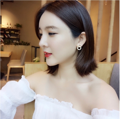 Contracted double ring ear nail Temperamental girl heart set diamond eardrop 925 silver needle Earring female South Korea