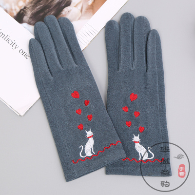 Women's Autumn and Winter Velvet Thickened Warm Cat Embroidered Driving Gloves Five-Finger Finger Touch Screen