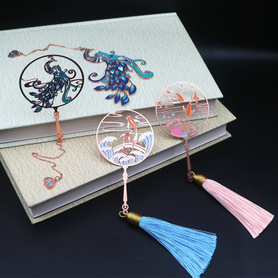[Bookmark] Customized Chinese Style Bookmark Brass Koi Peacock Chain Pendant Bookmark Circular Fan Metal Bookmark