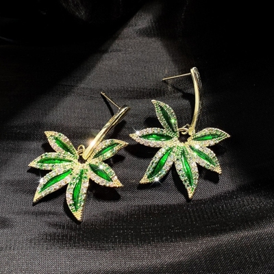 925 Silver Needle Green Earrings Personalized Rhinestone Leaf-Shaped Earring New Fashion Earrings Fashion Earrings for Women