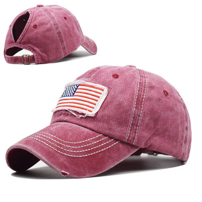 Pure Cotton Washed Ponytail Ripped Flag Embroidered Baseball Cap Cap with Hair Extensions Foreign Trade European and American Fashion Curved Brim Ponytail Peaked Cap