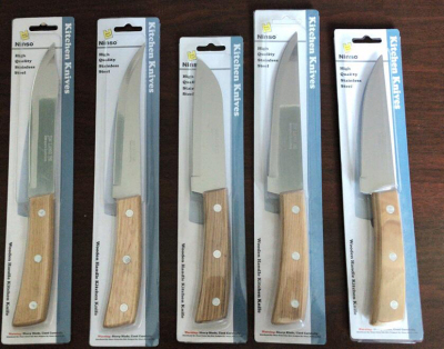 The 5-inch Fruit knife with a wooden handle and kitchen knife are adjacent packaged
