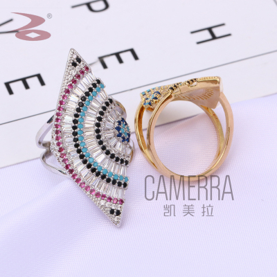 Colorful Color Fan Shape Zircon Micro Design Hot Annual European American Style Popular Ladies Fashion Ring