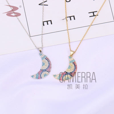 Hot-Selling New Arrival Crescent Shape Colorful Zircon Inlaid Necklace Simple Gold-Plated Copper Zirconium Necklace Factory Direct Sales