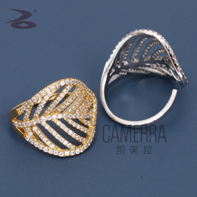 Hollow Leaves Blade Shape Spot Drill Inlay Gold yin se kuan Lower Opening Ring Men Engagement Ring