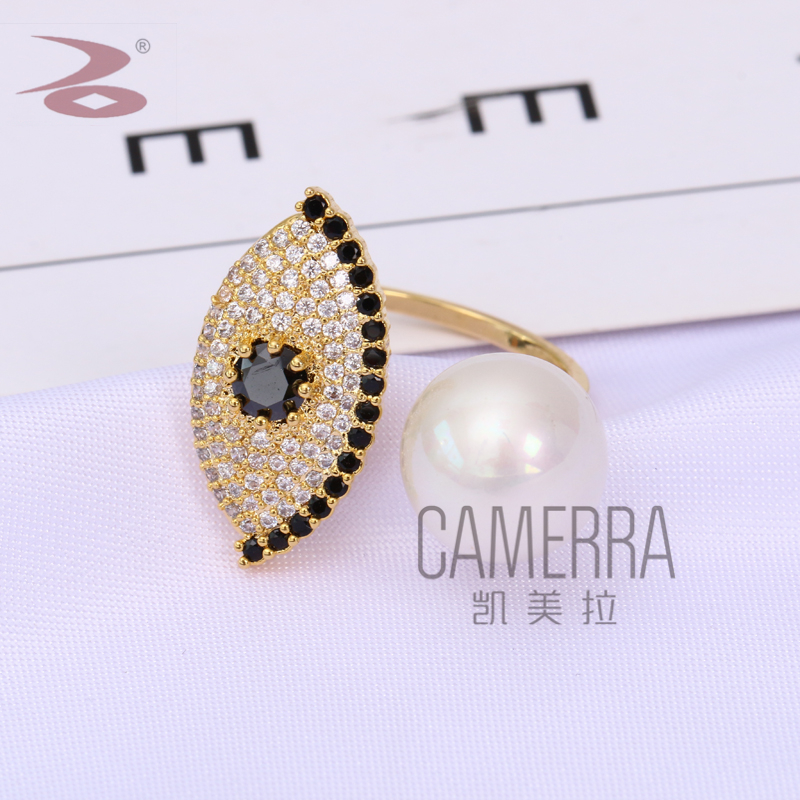 大颗粒仿珍珠装饰 眼球模样锆石微镶嵌个性百搭INS开口戒情侣赠礼