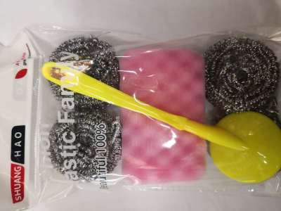Wave Sponge Cleaning Ball Steel Wire Brush with Plastic Handle Set Kitchen Cleaning Supplies
