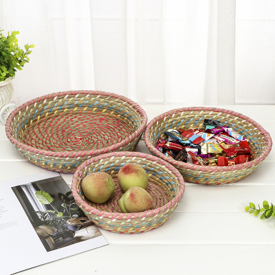 Straw Woven Fruit Basket Snack Storage Basket Steamed Bread Storage Basket Household Fruit Plate Handmade Knitted Basket