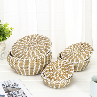 Handmade Straw Woven Storage Basket Household Daily Use Dustproof Cover Three-Piece Food Set Storage Basket Storage Basket Storage Box