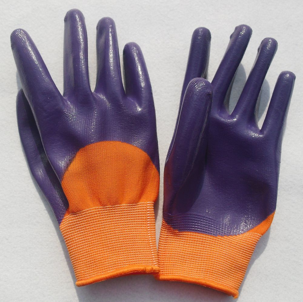 劳保手套批发丁晴手套尼龙十三针浸胶手套涂胶耐油手套加厚半挂紫