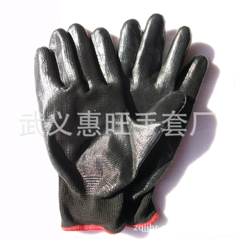 13针尼龙黑色丁晴胶手套耐油手套黑色胶面劳保胶手套耐磨浸胶