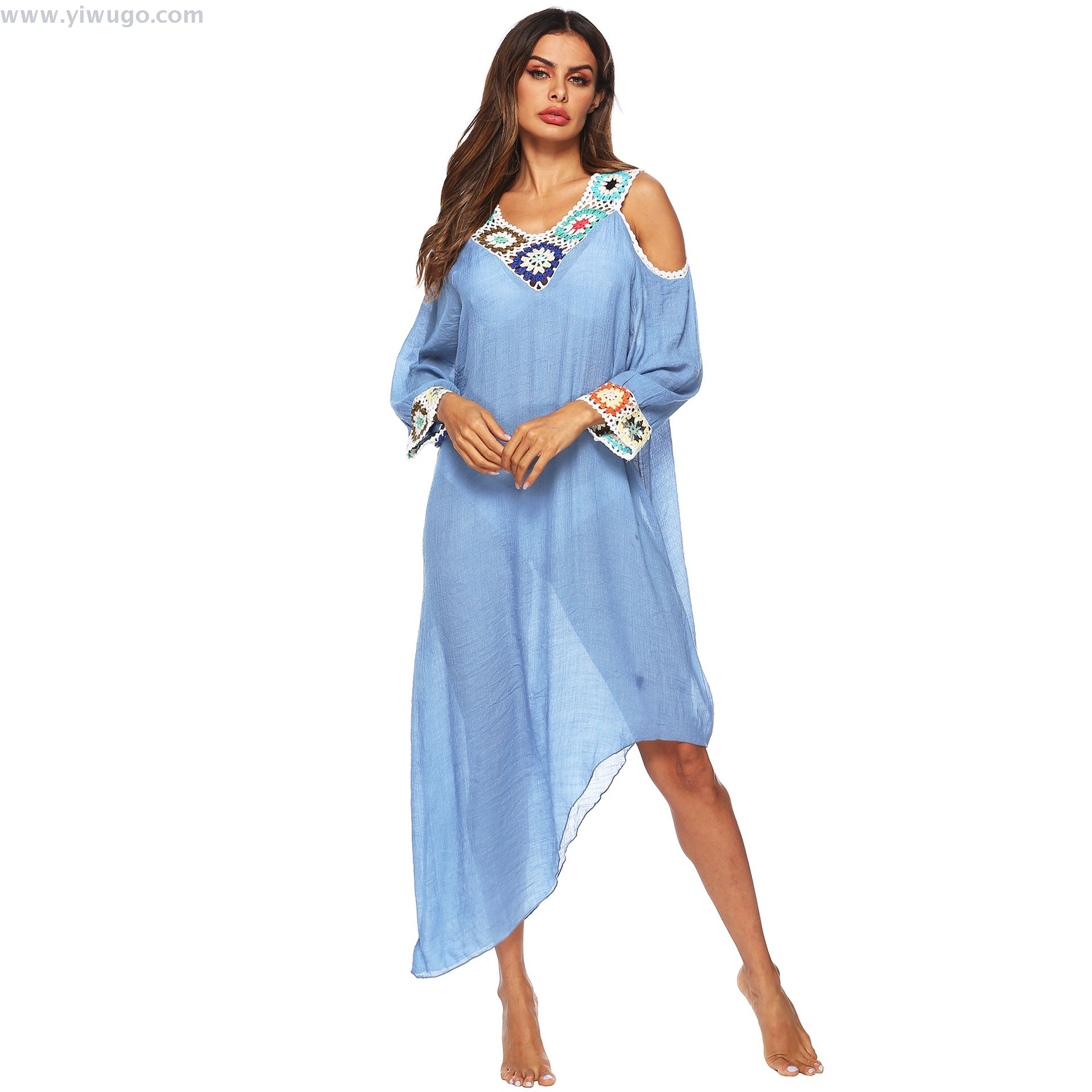 比基尼外贸新款性感泳装外搭罩衫手工钩织露肩不规则裙边厂家直销