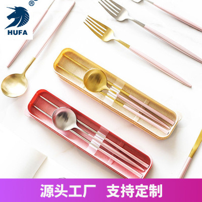 Spot 304 Portuguese Stainless Steel Spoon with Chopsticks Portable Tableware Gift Set Three-Piece Set Student Tableware