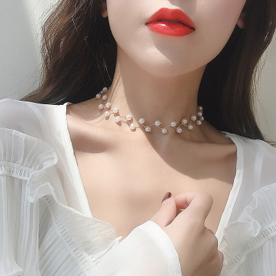 Korean Style Bow Light Luxury Necklace Women's Trendy Niche Clavicle Chain Simple Personality Graceful Online Influencer Decorative Pearl Necklace