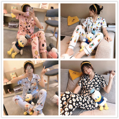 Summer short sleeve trousers Cardigan night Ladies thin milk Silk Cartoon Lovely lapel suit Foreign Trade Home Wear