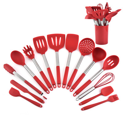 A 13-piece set of silicone cooking spoons with stainless steel handle