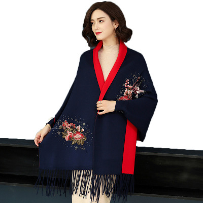 Bat-sleeved Cape Knitted Shawl Sweater for Women Autumn/Winter 2019 New Korean version of Embroidery Medium Length