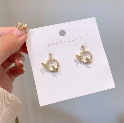 S925 silver needle light key-2 luxury butterfly stud new circle full of small minority elegant elegance earrings Korean fashion earrings