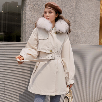 Off-season Clearance Pike down jacket for women in Korean fashion medium to long style white Duck down jacket with large fur collar and small windbreaker