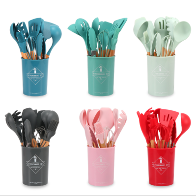 Silicone kitchen utensils and appliances 11 sets of wooden handle silicone cooking supplies non-stick cooking pot kitche