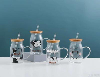 Cute milk cup with straw glass large capacity water cup coffee cup...