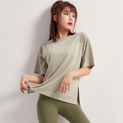 2020 New Sport T-shirt Women's short sleeved Loose -fitting shoulder Mesh Fitness Running Dry Yoga Suit