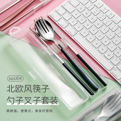 304 stainless steel tableware set Korean long handle portable fork spoon, chopsticks for working with a three - piece set tableware customization