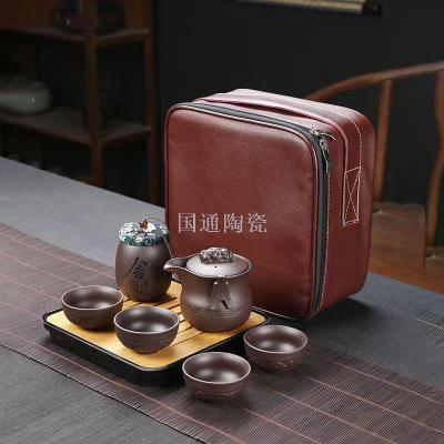 Zisha tea set teacup teapot travel tea set ceramic cover bowl Jingdezhen ceramic kung fu tea set tea tray tea canister
