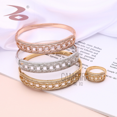 Korean Version of the Simple Silver Rose Golden & Three Colors Rhinestone wei xiang Hollow Mori Internet Influencer Lady Bracelet Ring Set