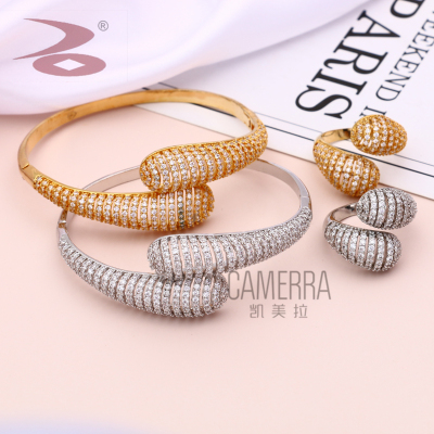 Both Ends of the Teardrop-Shaped Rhinestone wei xiang Hollow Elongated Narrow Copper Zirconium Simple Bracelet Ring Set Factory Direct Sales