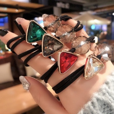 South Korea Dongdaemun Online Influencer Head String Triangle Diamond Leather Case Female Simple Crystal Ins Rubber Band Factory Direct Sales