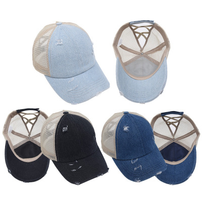 Foreign Trade Denim Ripped Distressed Cap with Hair Extensions Outdoor Sunshade Baseball Cap Female AliExpress Amazon Eaby Mesh Cap