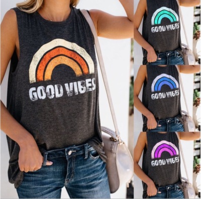 Amazon's Hot Hot Style Ladies' Tank Top, the GOOD VIBES print round neck sleeveless T-shirt this summer