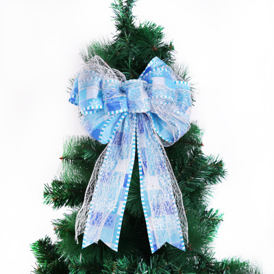 New Christmas blue double bow Christmas tree decoration scene decorated with pendant Christmas hand bow