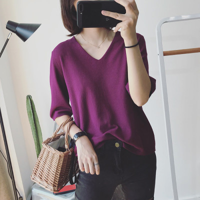 Autumn Women's new Korean version of a simple v-sport loose pullover T-shirt plain color mid-sleeve top bottom shirt
