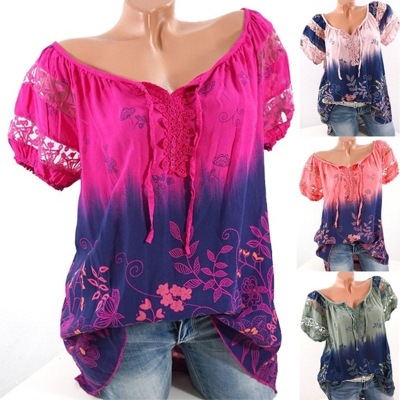 Wish Amazon Summer Top Seller V neck print lace short sleeve T-shirt