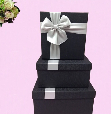 Factory Direct Sales Black Gift Box Bow Three-Piece Black Box Paper Box Tiandigai Gift Box Set
