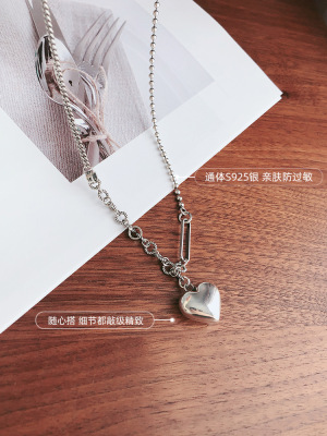 925 Sterling Silver Three-Dimensional Heart Necklace for Women Ins Special-Interest Design Choker Heart-Shaped Cold Style Thai Silver Retro Simple