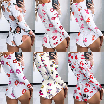 Print Long sleeve pajamas Deep V Translatable leotard Sexy Jumpsuit