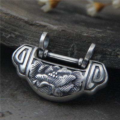 Antique Ethnic Style Peony Flower Necklace Pendant Pure Silver S925 Ruyi Longevity Lock Sterling Silver Pendant Adult Ladies