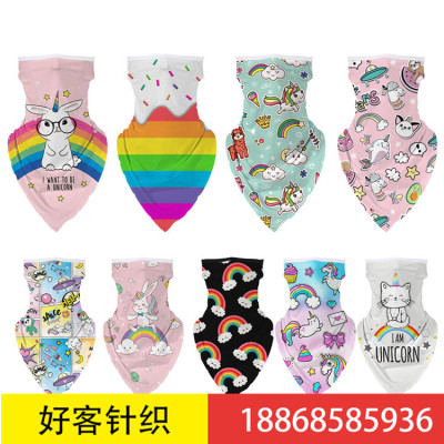 Amazon hot style 3d animation rainbow print outdoor insect and dust protection sunscreen children's mask triangle hair