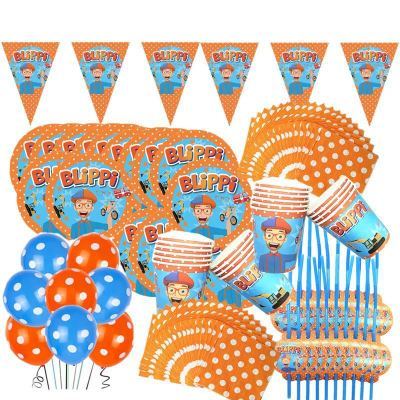 Festive supplies BlippiToys paper cups paper plates tablecloth knives forks spoons balloon themed birthday flag waving party decorations