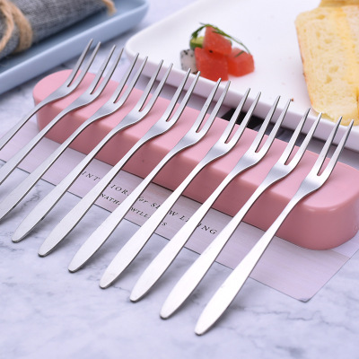 Factory Wholesale Stainless Steel Fruit Fork High Quality Two Teeth Fruit Fork Fruit Toothpick Cake Moon Cake Fork Customizable Logo