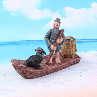 Resin Figure Wooden Boat Old Fisherman Fishing Old Man Aquarium Fish Tank and Flower Pot Gardening Landscaping Decoration Wooden Boat Old Fisherman