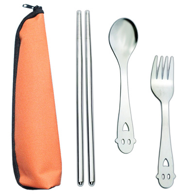 Portable Tableware Set Stainless Steel Smiley Face Hollow round Spoon Fork Chopsticks Three-Piece Triangle Cloth Bag Custom Logo
